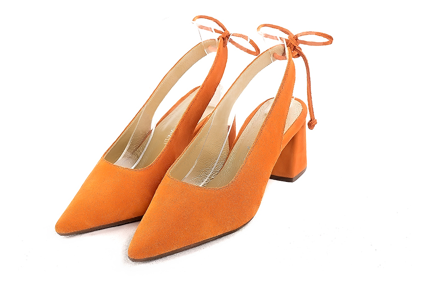 Dress slingback heels in apricot orange leather with medium flare heels and pointed toe - Front view